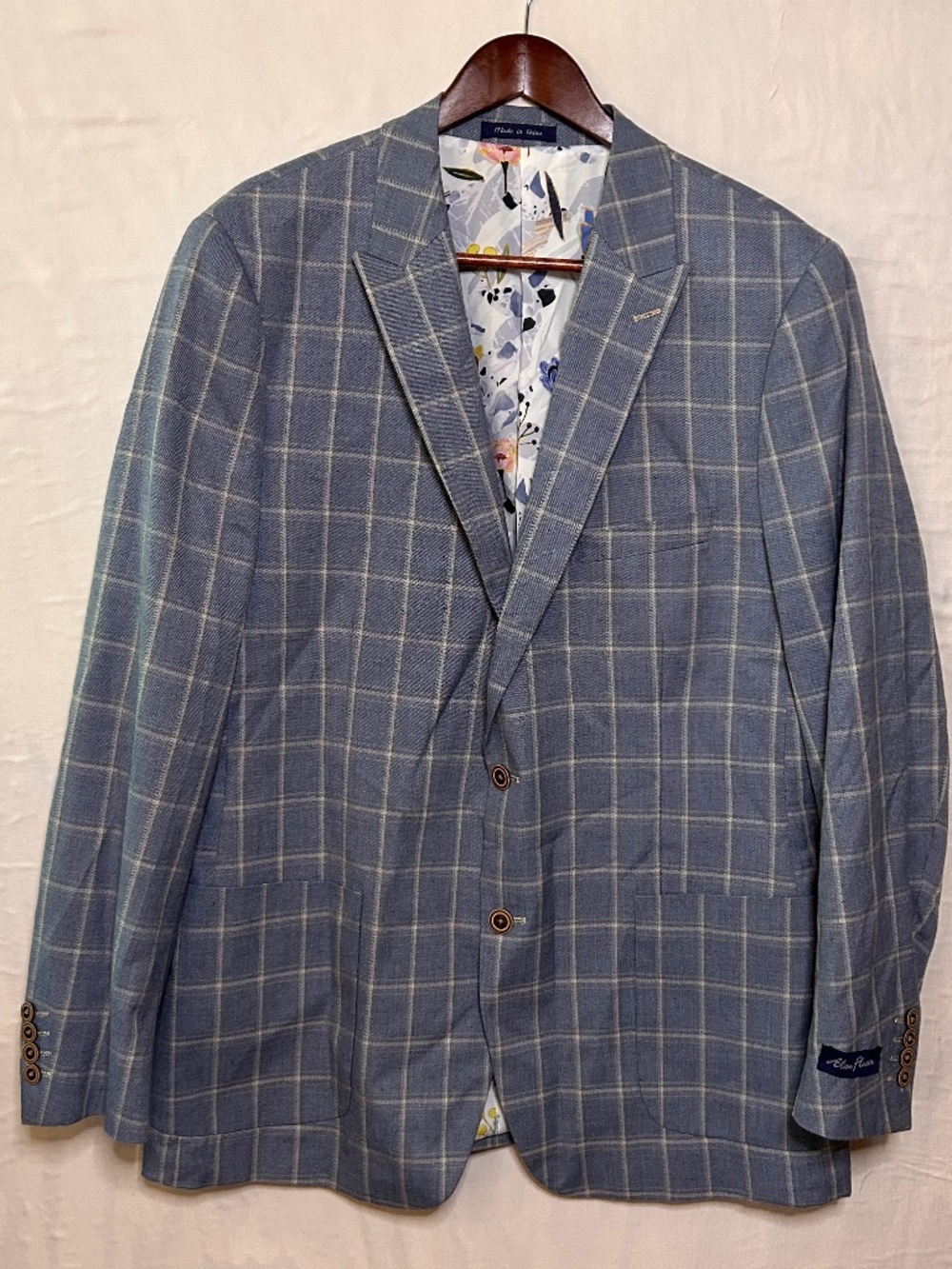 Alan Flusser Blazer Mens 44L Blue Windowpane Linen Blend Sport Coat Preppy Derby